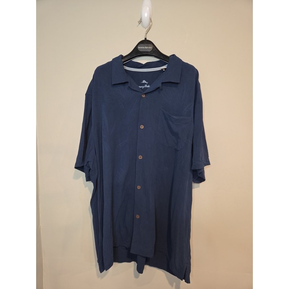 Tommy Bahama Camp Shirt Mens XL Blue Tonal Tropical Silk Blend Button Down Aloha